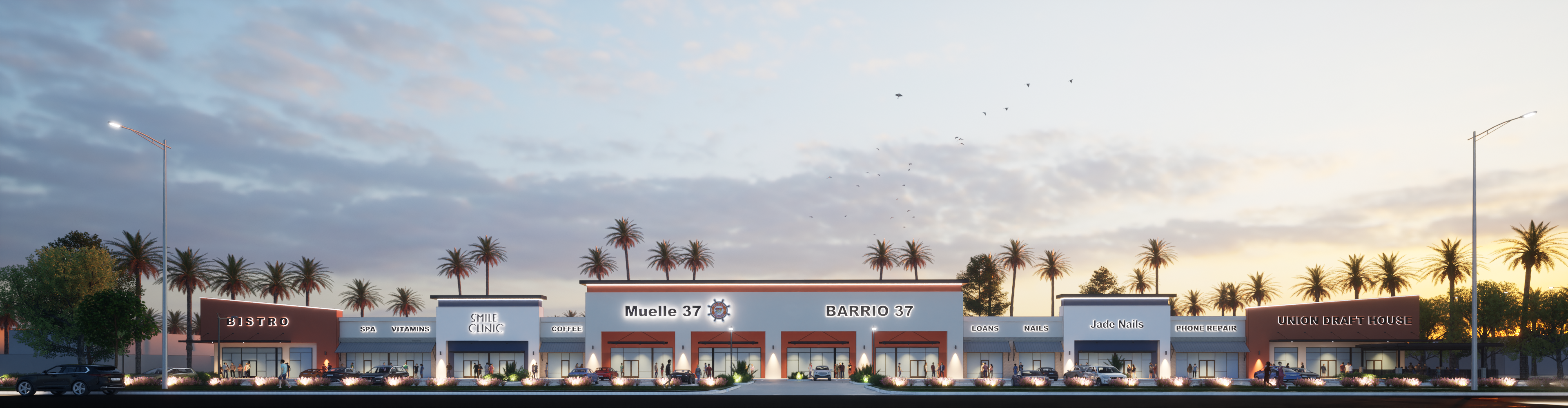 A rendering of a shopping center at dusk.
